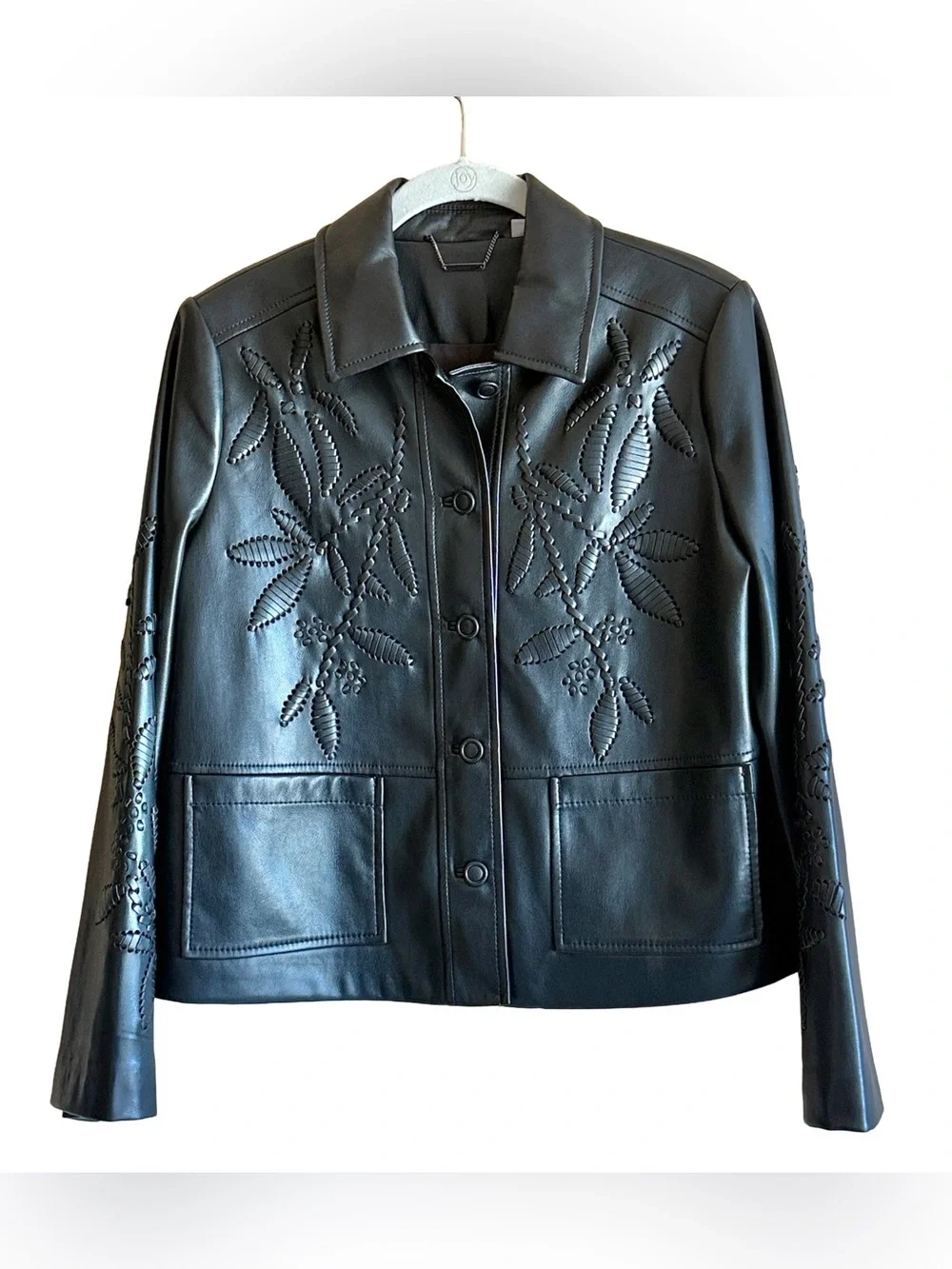 Chico’s Faux Leather Cropped Jacket Black Cutwork Detail Women’s S (US 6)